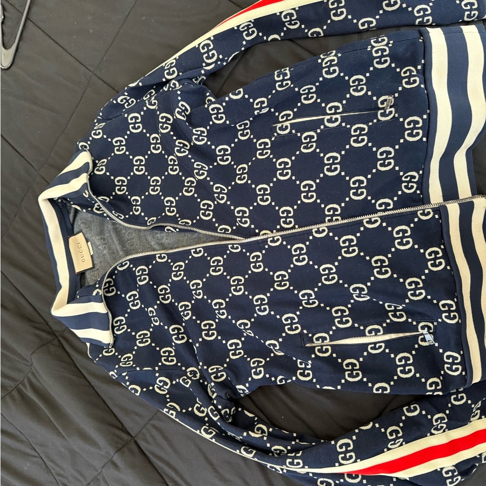 Gucci Blue Monogram Jacket with Red and White Stripes - Picture 2 of 4